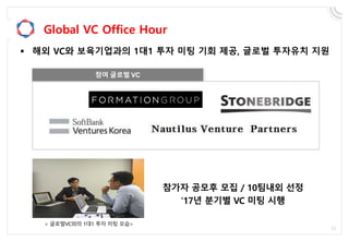 Global VC Office Hour
참가자 공모후 모집 / 10팀내외 선정
‘17년 분기별 VC 미팅 시행
< 글로벌VC와의 1대1 투자 미팅 모습>
참여 글로벌 VC
 해외 VC와 보육기업과의 1대1 투자 미팅 기회 제공, 글로벌 투자유치 지원
 