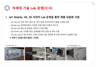 차세대 기술 Lab 운영(수시)
 IoT, Mobile, VR, 3D 프린터 Lab 운영을 통한 제품 상용화 지원
- IoT Lab: IoT 관련 장비, 회로 및 센서 등을 테스트하여 시제품 사업화 검증
- Mobile Lab: 앱개발자들이 다양한 단말기에서 호환성 테스트
- VR Lab: VR 게임 및 영상을 사용자가 직접 체험
- 3D Printer Lab: 시제품 목업, 상용화를 위한 금형 등 제작 지원
- 5G Lab: 5G/LTE 테스트베드, 단말기/부품 시험, 앱개발 및 단말 액세서리 상용화 지원
※ 전문가 지원을 통한 활용도 극대화
< 경기혁신센터 5F > < 스타트업 캠퍼스 5F >
 