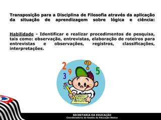 SECRETARIA DA EDUCAÇÃO
Coordenadoria de Gestão da Educação Básica
Transposição para a Disciplina de Filosofia através da aplicação
da situação de aprendizagem sobre lógica e ciência:
Habilidade - Identificar e realizar procedimentos de pesquisa,
tais como: observação, entrevistas, elaboração de roteiros para
entrevistas e observações, registros, classificações,
interpretações.
 