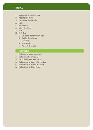 ÍNDICE

1   A pirámide dos alimentos
2   Deseño dun menú
3   Conxelar e desconxelar
4   Cocer
5   Microondas
6   Frixir – frixidora
7   Asar
8   Receitas
    A Ensalada de xamón do país
    B Tortilla de patacas
    C Lentellas
    D Polo asado
    E Pescada á galega

    ACTIVIDADES
1   Elaborar un menú semanal
2   Elaborar unha ensalada
3   Cocer ovos, patacas e arroz
4   Elaborar un prato no microondas
5   Elaborar un prato coa frixidora
6   Elaborar un prato no forno
 