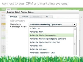 connect to your CRM and marketing systems 
Salesforce
Campaign Name
 