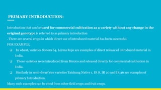 PRIMARY INTRODUCTION:
Introduction that can be used for commercial cultivation as a variety without any change in the
original genotype is referred to as primary introduction
. There are several crops in which direct use of introduced material has been successful.
FOR EXAMPLE,
❏ In wheat, varieties Sonora 64, Lerma Rojo are examples of direct release of introduced material in
India.
❏ These varieties were introduced from Mexico and released directly for commercial cultivation in
India.
❏ Similarly in semi-dwarf rice varieties Taichung Native 1, IR 8. IR 20 and IR 36 are examples of
primary Introduction.
Many such examples can be cited from other field crops and fruit crops.
 