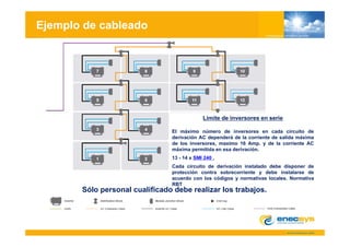 Ejemplo de cableado




                                             Límite de inversores en serie

                                El máximo número de inversores en cada circuito de
                                derivación AC dependerá de la corriente de salida máxima
                                de los inversores, maximo 16 Amp. y de la corriente AC
                                máxima permitida en esa derivación.
                                        p
                                13 - 14 x SMI 240 ,
                                Cada circuito de derivación instalado debe disponer de
                                protección contra sobrecorriente y debe instalarse de
                                acuerdo con los códigos y normativas locales. Normativa
                                RBT
       Sólo personal cualificado debe realizar los trabajos.
 