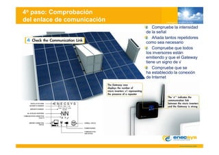 4o paso: Comprobación
del enlace de comunicación
                                 Compruebe la intensidad
                             de la señal
                                 Añada tantos repetidores
                             como sea necesario
                                 Compruebe que todos
                             los inversores están
                             emitiendo y que el Gateway
                             tiene un signo de √
                                 Compruebe que se
                             ha establecido la conexión
                             de Internet
 