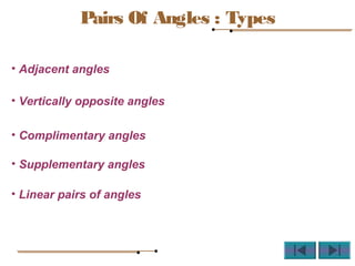 Pairs Of Angles : Types
• Adjacent angles
• Vertically opposite angles
• Complimentary angles
• Supplementary angles
• Linear pairs of angles
 