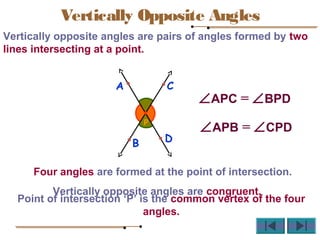 Vertically Opposite Angles
Vertically opposite angles are pairs of angles formed by two
lines intersecting at a point.
∠APC = ∠BPD
∠APB = ∠CPD
A
DB
C
P
Four angles are formed at the point of intersection.
Point of intersection ‘P’ is the common vertex of the four
angles.
Vertically opposite angles are congruent.
 