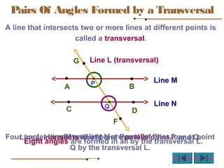 A line that intersects two or more lines at different points is
called a transversal.
Line L (transversal)
BA
Line M
Line N
DC
P
Q
G
F
Pairs Of Angles Formed by a Transversal
Line M and line N are parallel lines.Line L intersects line M and line N at point P and Q.Four angles are formed at point P and another four at point
Q by the transversal L.
Eight angles are formed in all by the transversal L.
 