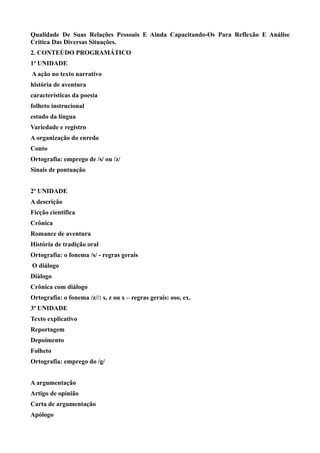 Qualidade De Suas Relações Pessoais E Ainda Capacitando-Os Para Reflexão E Análise
Critica Das Diversas Situações.
2. CONTEÚDO PROGRAMÁTICO
1ª UNIDADE
A ação no texto narrativo
história de aventura
características da poesia
folheto instrucional
estudo da língua
Variedade e registro
A organização do enredo
Conto
Ortografia: emprego de /s/ ou /z/
Sinais de pontuação


2ª UNIDADE
A descrição
Ficção científica
Crônica
Romance de aventura
História de tradição oral
Ortografia: o fonema /s/ - regras gerais
O diálogo
Diálogo
Crônica com diálogo
Ortografia: o fonema /z//: s, z ou x – regras gerais: oso, ex.
3ª UNIDADE
Texto explicativo
Reportagem
Depoimento
Folheto
Ortografia: emprego do /g/


A argumentação
Artigo de opinião
Carta de argumentação
Apólogo
 