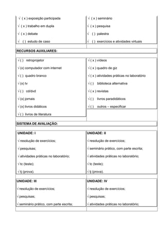 √ ( x ) exposição participada            √ ( x ) seminário

√ ( x ) trabalho em dupla                 √ ( x ) pesquisa

√ ( x ) debate                            √   ( ) palestra

√   ( ) estudo de caso                    √   ( ) exercícios e atividades virtuais

RECURSOS AUXILIARES:

√ ( ) retroprojetor                       √ ( x ) vídeos

√ (x) computador com internet             √ ( x ) quadro de giz

√ ( ) quadro branco                       √ ( x ) atividades práticas no laboratório

√ (x) tv                                  √()     biblioteca alternativa

√ ( ) cd/dvd                              √ ( x ) revistas

√ (x) jornais                             √()     livros paradidáticos

√ (x) livros didáticos                    √()     outros – especificar

√ ( ) livros de literatura

SISTEMA DE AVALIAÇÃO:

UNIDADE: I                                UNIDADE: II

√ resolução de exercícios;                √ resolução de exercícios;

√ pesquisas;                              √ seminário prático, com parte escrita;

√ atividades práticas no laboratório;     √ atividades práticas no laboratório;

√ tc (teste);                             √ tc (teste);

√ tj (prova).                             √ tj (prova).

UNIDADE: III                              UNIDADE: IV

√ resolução de exercícios;                √ resolução de exercícios;

√ pesquisas;                              √ pesquisas;

√ seminário prático, com parte escrita;   √ atividades práticas no laboratório;
 
