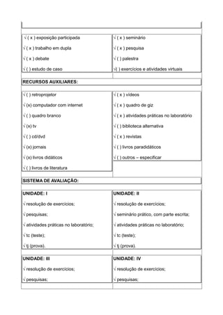 √ ( x ) exposição participada           √ ( x ) seminário

√ ( x ) trabalho em dupla               √ ( x ) pesquisa

√ ( x ) debate                          √ ( ) palestra

√ ( ) estudo de caso                    √( ) exercícios e atividades virtuais

RECURSOS AUXILIARES:

√ ( ) retroprojetor                     √ ( x ) vídeos

√ (x) computador com internet           √ ( x ) quadro de giz

√ ( ) quadro branco                     √ ( x ) atividades práticas no laboratório

√ (x) tv                                √ ( ) biblioteca alternativa

√ ( ) cd/dvd                            √ ( x ) revistas

√ (x) jornais                           √ ( ) livros paradidáticos

√ (x) livros didáticos                  √ ( ) outros – especificar

√ ( ) livros de literatura

SISTEMA DE AVALIAÇÃO:

UNIDADE: I                              UNIDADE: II

√ resolução de exercícios;              √ resolução de exercícios;

√ pesquisas;                            √ seminário prático, com parte escrita;

√ atividades práticas no laboratório;   √ atividades práticas no laboratório;

√ tc (teste);                           √ tc (teste);

√ tj (prova).                           √ tj (prova).

UNIDADE: III                            UNIDADE: IV

√ resolução de exercícios;              √ resolução de exercícios;

√ pesquisas;                            √ pesquisas;
 