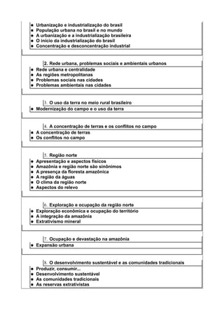    Urbanização e industrialização do brasil
   População urbana no brasil e no mundo
   A urbanização e a industrialização brasileira
   O início da industrialização do brasil
   Concentração e desconcentração industrial


        2. Rede urbana, problemas sociais e ambientais urbanos
   Rede urbana e centralidade
   As regiões metropolitanas
   Problemas sociais nas cidades
   Problemas ambientais nas cidades


       3. O uso da terra no meio rural brasileiro
   Modernização do campo e o uso da terra


       4. A concentração de terras e os conflitos no campo
   A concentração de terras
   Os conflitos no campo


        5. Região norte
   Apresentação e aspectos físicos
   Amazônia e região norte são sinônimos
   A presença da floresta amazônica
   A região da águas
   O clima da região norte
   Aspectos do relevo


        6. Exploração e ocupação da região norte
   Exploração econômica e ocupação do território
   A integração da amazônia
   Extrativismo mineral


       7. Ocupação e devastação na amazônia
   Expansão urbana


        8. O desenvolvimento sustentável e as comunidades tradicionais
   Produzir, consumir...
   Desenvolvimento sustentável
   As comunidades tradicionais
   As reservas extrativistas
 