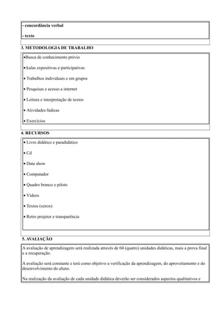 - concordância verbal

- texto

3. METODOLOGIA DE TRABALHO

•Busca de conhecimento prévio

•Aulas expositivas e participativas

• Trabalhos individuais e em grupos

• Pesquisas e acesso a internet

• Leitura e interpretação de textos

• Atividades lúdicas

• Exercícios

4. RECURSOS

• Livro didático e paradidático

• Cd

• Data show

• Computador

• Quadro branco e piloto

• Vídeos

• Textos (xerox)

• Retro projetor e transparência




5. AVALIAÇÃO

A avaliação de aprendizagem será realizada através de 04 (quatro) unidades didáticas, mais a prova final
e a recuperação.

A avaliação será constante e terá como objetivo a verificação da aprendizagem, do aproveitamento e do
desenvolvimento do aluno.

Na realização da avaliação de cada unidade didática deverão ser considerados aspectos qualitativos e
 