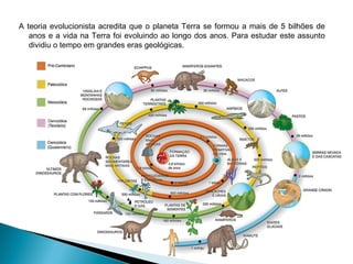 A teoria evolucionista acredita que o planeta Terra se formou a mais de 5 bilhões de
anos e a vida na Terra foi evoluindo ao longo dos anos. Para estudar este assunto
dividiu o tempo em grandes eras geológicas.
 