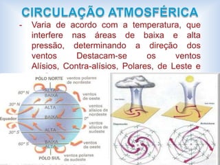 TEMPERATURAAo receberem o calor dos raios solares, as superfícies sólidas e líquidas se aquecem e transferem o calor para o ar, propiciando o aumento da temperatura do ambiente.