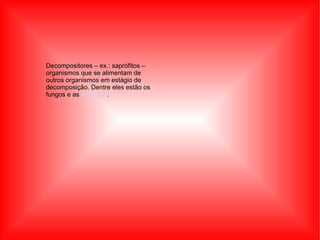 Decompositores – ex.: saprófitos – organismos que se alimentam de outros organismos em estágio de decomposição. Dentre eles estão os fungos e as  bactérias . 