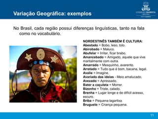 11
Variação Geográfica: exemplos
No Brasil, cada região possui diferenças linguísticas, tanto na fala
como no vocabulário.
NORDESTINÊS TAMBÉM É CULTURA:
Abestado = Bobo, leso, tolo.
Abirobado = Maluco.
Abufelar = Irritar, ficar brabo.
Amancebado = Amigado, aquele que vive
maritalmente com outra.
Amarrado = Mesquinho, avarento.
Arretado = Tudo que é bom, bacana, legal.
Avalie = Imagine.
Avariado das ideias - Meio amalucado.
Avexado = Apressado.
Bater a caçuleta = Morrer.
Bizonho = Triste, calado.
Brenha = Lugar longe e de difícil acesso,
escuro.
Briba = Pequena lagartixa.
Bruguelo = Criança pequena.
 