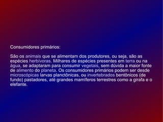 Consumidores primários: São os  animais  que se alimentam dos produtores, ou seja, são as espécies  herbívoras . Milhares de espécies presentes em  terra  ou na  água , se adaptaram para consumir  vegetais , sem dúvida a maior fonte de  alimento  do  planeta . Os consumidores primários podem ser desde  microscópicas  larvas planctônicas, ou  invertebrados  bentônicos (de fundo) pastadores, até grandes mamíferos terrestres como a girafa e o elefante. 