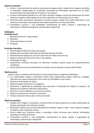 Professora: Maria Lúcia de Lima Página 2
Objetivos específicos
 Leitura – reconhecimento de palavras associadas ao espaço escolar; relação entre imagens, descrições
e vocabulário; categorização de vocabulário; localização de informações específicas em um texto;
reconhecimento da organização de um gênero e seu suporte;
 Localizar informações específicas em um texto; relacionar imagens a nomes de profissionais da escola;
relacionar imagens a informações em um texto; identificar os interlocutores de um texto;
 Reconhecimento de palavras associadas ao universo escolar; relação entre textos descritivos e suas
respectivas ilustrações; localização de informações específicas em textos descritivos.
 Competência escritora e suas habilidades; levantamento de ideias, seleção e organização de
informações; redação de parágrafos; autocorreção e edição final.
4º Bimestre
Conteúdos gerais
Repertório lexical em Língua Inglesa.
 Moradias;
 Textos para leitura e escrita;
 Produção.
Conteúdos Específicos
 Denominação de diferentes tipos de moradia;
 Relação entre ilustração e descrição de diferentes tipos de moradia;
 Denominação de espaços de uma casa e dos itens de mobília mais comuns;
 Adjetivos usados para descrever casas e seus espaços;
 Preposições de lugar;
 Depoimentos contendo descrições de diferentes moradias, plantas baixas de empreendimentos
imobiliários;
 Planta baixa de uma casa contendo itens de mobília, com os cômodos e móveis identificados.
Objetivos gerais
Espera-se que ao completar este bimestre os alunos desenvolvam as seguintes habilidades:
 Ler, compreender, analisar e interpretar: planta baixa, depoimentos, piadas, adivinhas e diálogos,
inferindo seus traços característicos, bem como suas finalidades e usos sociais;
 Relacionar informações em textos;
 Organizar grupos de palavras em categorias;
 Reconhecer o significado de preposições que descrevem a localização dos objetos no espaço e de
adjetivos que qualificam diferentes substantivos;
 Identificar o uso de adjetivos em um texto descritivo;
 Relacionar palavras por sinonímia e antonímia;
 Produzir textos descritivos sobre o tema em estudo.
Objetivos específicos
 Relação entre imagens e vocabulário; reconhecimento do assunto geral de um texto; identificação de
palavras apropriadas em função do contexto;
 Reconhecer o gênero de um texto (classificado de imóveis), suporte e leitor- -alvo; relacionar imagens
de objetos a seus respectivos nomes;
 Leitura rápida para relacionar textos a ilustrações; leitura minuciosa para localizar informações
específicas em textos descritivos;
 Competência escritora e suas habilidades: levantamento de ideias, seleção e organização de
informações, autocorreção e edição final.
 
