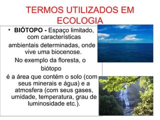 TERMOS UTILIZADOS EM
ECOLOGIA
• BIÓTOPO - Espaço limitado,
com características
ambientais determinadas, onde
vive uma biocenose.
No exemplo da floresta, o
biótopo
é a área que contém o solo (com
seus minerais e água) e a
atmosfera (com seus gases,
umidade, temperatura, grau de
luminosidade etc.).
 