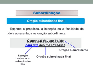 Oração subordinada final
Subordinação
Exprime o propósito, a intenção ou a finalidade da
ideia apresentada na oração subordinante.
O meu pai deu-me boleia,
para que não me atrasasse.
Locução
conjuncional
subordinativa
final
Oração subordinante
Oração subordinada final
 