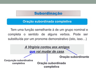 Oração subordinada completiva
Subordinação
Tem uma função semelhante à de um grupo nominal e
completa o sentido de alguns verbos. Pode ser
substituída por um pronome demonstrativo (isto, isso…)
A Virgínia contou aos amigos
que vai mudar de casa.
Conjunção subordinativa
completiva
Oração subordinante
Oração subordinada
completiva
 