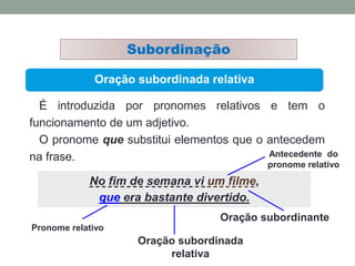 Oração subordinada relativa
Subordinação
É introduzida por pronomes relativos e tem o
funcionamento de um adjetivo.
O pronome que substitui elementos que o antecedem
na frase.
No fim de semana vi um filme,
que era bastante divertido.
Pronome relativo
Oração subordinante
Oração subordinada
relativa
Antecedente do
pronome relativo
 