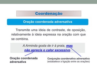 Oração coordenada adversativa
Coordenação
Transmite uma ideia de contraste, de oposição,
relativamente à ideia expressa na oração com que
se combina.
A Arminda gosta de ir à praia, mas
não aprecia o calor excessivo.
Conjunção coordenativa adversativa
(estabelece a ligação entre as orações)
Oração coordenada
adversativa
 