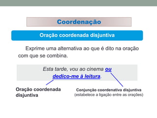 Oração coordenada disjuntiva
Coordenação
Exprime uma alternativa ao que é dito na oração
com que se combina.
Esta tarde, vou ao cinema ou
dedico-me à leitura.
Conjunção coordenativa disjuntiva
(estabelece a ligação entre as orações)
Oração coordenada
disjuntiva
 