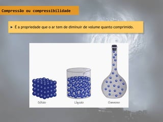Compressão ou compressibilidade
É a propriedade que o ar tem de diminuir de volume quanto comprimido.É a propriedade que o ar tem de diminuir de volume quanto comprimido.
 