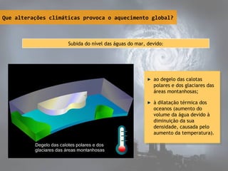 Que alterações climáticas provoca o aquecimento global?
Subida do nível das águas do mar, devido:
ao degelo das calotas
polares e dos glaciares das
áreas montanhosas;
à dilatação térmica dos
oceanos (aumento do
volume da água devido à
diminuição da sua
densidade, causada pelo
aumento da temperatura).
ao degelo das calotas
polares e dos glaciares das
áreas montanhosas;
à dilatação térmica dos
oceanos (aumento do
volume da água devido à
diminuição da sua
densidade, causada pelo
aumento da temperatura).
 