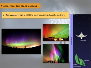 A atmosfera tem cinco camadas
Termosfera: chega a 1000ºC e auroras polares (boreal e austral).Termosfera: chega a 1000ºC e auroras polares (boreal e austral).
 