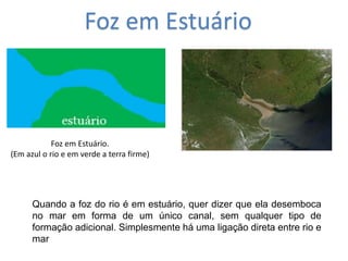 Foz em Estuário.
(Em azul o rio e em verde a terra firme)
Quando a foz do rio é em estuário, quer dizer que ela desemboca
no mar em forma de um único canal, sem qualquer tipo de
formação adicional. Simplesmente há uma ligação direta entre rio e
mar
Foz em Estuário
 