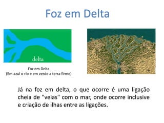 Já na foz em delta, o que ocorre é uma ligação
cheia de "veias" com o mar, onde ocorre inclusive
e criação de ilhas entre as ligações.
Foz em Delta
Foz em Delta
(Em azul o rio e em verde a terra firme)
 