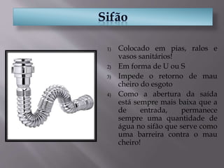 1) Colocado em pias, ralos e
vasos sanitários!
2) Em forma de U ou S
3) Impede o retorno de mau
cheiro do esgoto
4) Como a abertura da saída
está sempre mais baixa que a
de entrada, permanece
sempre uma quantidade de
água no sifão que serve como
uma barreira contra o mau
cheiro!
 