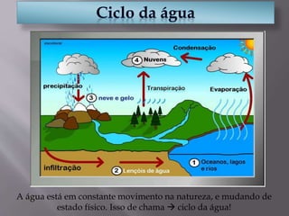 A água está em constante movimento na natureza, e mudando de
estado físico. Isso de chama  ciclo da água!
 