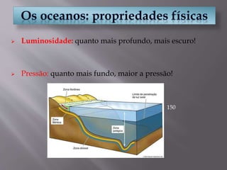  Luminosidade: quanto mais profundo, mais escuro!
 Pressão: quanto mais fundo, maior a pressão!
150
 