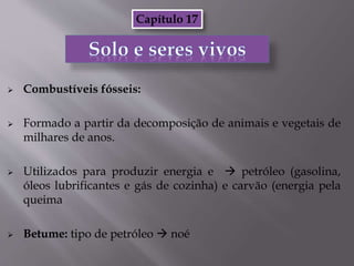  Combustíveis fósseis:
 Formado a partir da decomposição de animais e vegetais de
milhares de anos.
 Utilizados para produzir energia e  petróleo (gasolina,
óleos lubrificantes e gás de cozinha) e carvão (energia pela
queima
 Betume: tipo de petróleo  noé
Capítulo 17
 