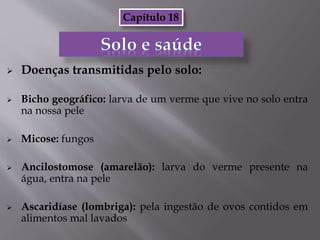  Doenças transmitidas pelo solo:
 Bicho geográfico: larva de um verme que vive no solo entra
na nossa pele
 Micose: fungos
 Ancilostomose (amarelão): larva do verme presente na
água, entra na pele
 Ascaridíase (lombriga): pela ingestão de ovos contidos em
alimentos mal lavados
Capítulo 18
 