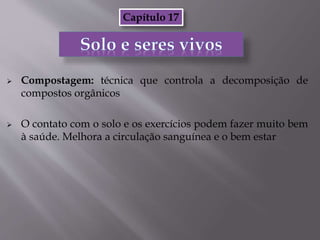  Compostagem: técnica que controla a decomposição de
compostos orgânicos
 O contato com o solo e os exercícios podem fazer muito bem
à saúde. Melhora a circulação sanguínea e o bem estar
Capítulo 17
 