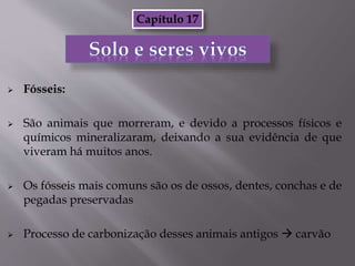  Fósseis:
 São animais que morreram, e devido a processos físicos e
químicos mineralizaram, deixando a sua evidência de que
viveram há muitos anos.
 Os fósseis mais comuns são os de ossos, dentes, conchas e de
pegadas preservadas
 Processo de carbonização desses animais antigos  carvão
Capítulo 17
 