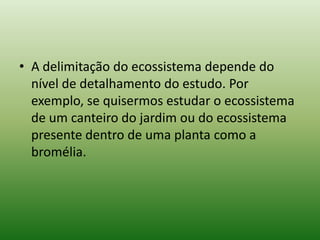 • A delimitação do ecossistema depende do
  nível de detalhamento do estudo. Por
  exemplo, se quisermos estudar o ecossistema
  de um canteiro do jardim ou do ecossistema
  presente dentro de uma planta como a
  bromélia.
 