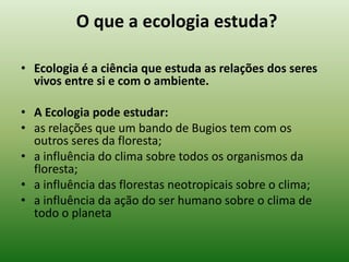 O que a ecologia estuda?

• Ecologia é a ciência que estuda as relações dos seres
  vivos entre si e com o ambiente.

• A Ecologia pode estudar:
• as relações que um bando de Bugios tem com os
  outros seres da floresta;
• a influência do clima sobre todos os organismos da
  floresta;
• a influência das florestas neotropicais sobre o clima;
• a influência da ação do ser humano sobre o clima de
  todo o planeta
 