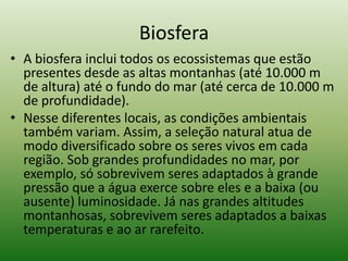 Biosfera
• A biosfera inclui todos os ecossistemas que estão
  presentes desde as altas montanhas (até 10.000 m
  de altura) até o fundo do mar (até cerca de 10.000 m
  de profundidade).
• Nesse diferentes locais, as condições ambientais
  também variam. Assim, a seleção natural atua de
  modo diversificado sobre os seres vivos em cada
  região. Sob grandes profundidades no mar, por
  exemplo, só sobrevivem seres adaptados à grande
  pressão que a água exerce sobre eles e a baixa (ou
  ausente) luminosidade. Já nas grandes altitudes
  montanhosas, sobrevivem seres adaptados a baixas
  temperaturas e ao ar rarefeito.
 