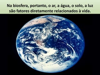 Na biosfera, portanto, o ar, a água, o solo, a luz
 são fatores diretamente relacionados à vida.
 