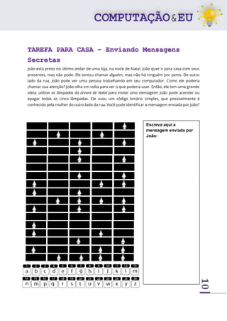 10
TAREFA PARA CASA – Enviando Mensagens
Secretas
João está preso no último andar de uma loja, na noite de Natal. João quer ir para casa com seus
presentes, mas não pode. Ele tentou chamar alguém, mas não há ninguém por perto. Do outro
lado da rua, João pode ver uma pessoa trabalhando em seu computador. Como ele poderia
chamar sua atenção? João olha em volta para ver o que poderia usar. Então, ele tem uma grande
ideia: utilizar as lâmpadas da árvore de Natal para enviar uma mensagem! João pode acender ou
apagar todas as cinco lâmpadas. Ele usou um código binário simples, que possivelmente é
conhecido pela mulher do outro lado da rua. Você pode identificar a mensagem enviada por João?
Escreva aqui a
mensagem enviada por
João:
 