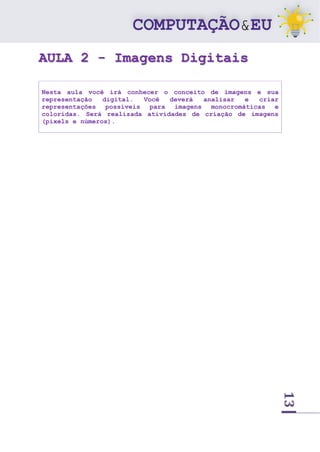 13
AULA 2 - Imagens Digitais
Nesta aula você irá conhecer o conceito de imagens e sua
representação digital. Você deverá analisar e criar
representações possíveis para imagens monocromáticas e
coloridas. Será realizada atividades de criação de imagens
(pixels e números).
 