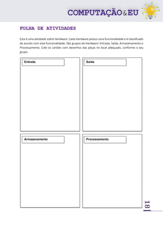18
FOLHA DE ATIVIDADES
Esta é uma atividade sobre Hardware. Cada Hardware possui uma funcionalidade e é classificado
de acordo com esta funcionalidade. São grupos de Hardware: Entrada, Saída, Armazenamento e
Processamento. Cole os cartões com desenhos das peças no local adequado, conforme o seu
grupo.
Entrada Saída
Armazenamento Processamento
 