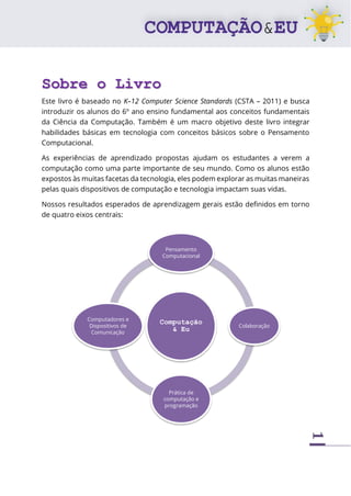 1
Sobre o Livro
Este livro é baseado no K–12 Computer Science Standards (CSTA – 2011) e busca
introduzir os alunos do 6º ano ensino fundamental aos conceitos fundamentais
da Ciência da Computação. Também é um macro objetivo deste livro integrar
habilidades básicas em tecnologia com conceitos básicos sobre o Pensamento
Computacional.
As experiências de aprendizado propostas ajudam os estudantes a verem a
computação como uma parte importante de seu mundo. Como os alunos estão
expostos às muitas facetas da tecnologia, eles podem explorar as muitas maneiras
pelas quais dispositivos de computação e tecnologia impactam suas vidas.
Nossos resultados esperados de aprendizagem gerais estão definidos em torno
de quatro eixos centrais:
Computação
& Eu
Pensamento
Computacional
Colaboração
Prática de
computação e
programação
Computadores e
Dispositivos de
Comunicação
 