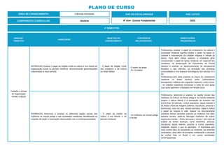 4º BIMESTRE:
COMPONENTE CURRICULAR: História
ANO DE ESCOLARIDADE
6º Ano - Ensino Fundamental
ANO LETIVO
2023
PLANO DE CURSO
ÁREA DE CONHECIMENTO: Ciências Humanas
UNIDADE
TEMÁTICA
HABILIDADE
OBJETOS DO
CONHECIMENTO
CONTEÚDOS
RELACIONADOS
ORIENTAÇÕES
PEDAGÓGICAS
Trabalho e formas
de organização
social e cultural
(EF06HI18X) Analisar o papel da religião cristã na cultura e nos modos de
organização social no período medieval, desconstruindo generalizações
relacionados a esse período.
- O papel da religião cristã,
dos mosteiros e da cultura
na Idade Média.
- O poder da Igreja.
- As Cruzadas.
Professor(a), analisar o papel do cristianismo na cultura e
sociedade medieval significa avaliar o poder da Igreja no
controle e manutenção da unidade religiosa e mental da
época. Para além desse aspecto, o estudante deve
compreender o papel da Igreja medieval, em especial dos
mosteiros, na preservação de manuscritos do mundo
clássico e oriental, no desenvolvimento do pensamento
filosófico e das ciências, na formação das primeiras
universidades e nos avanços tecnológicos dos séculos XI e
XII.
Professor(a),você pode explorar os traços do cristianismo
medieval no Brasil trazidos pelos colonizadores
portugueses, relativas aos seguintes aspectos, entre outros:
- As cidades brasileiras cresceram à volta de uma igreja
cujo santo padroeiro é festejado em feriado local.
(EF06HI19X) Descrever e analisar os diferentes papéis sociais das
mulheres no mundo antigo e nas sociedades medievais, identificando as
relações de poder e dominação relacionando com a contemporaneidade.
- O papel da mulher na
Grécia e em Roma, e no
período medieval.
- As mulheres no mundo antigo
e feudal.
Professor(a), descrever e analisar os papéis sociais das
mulheres na Grécia, na Roma antiga e no mundo medieval
exigem a leitura atenta e a percepção de nuances nas
entrelinhas de poemas, contos populares, peças teatrais e
na leitura crítica de imagens (relevos, esculturas, pinturas e
iluminuras), uma vez que, nesses períodos, cabia à mulher
o papel de esposa e mãe. Apesar da documentação
existente desses períodos priorizar as mulheres dos altos
estratos sociais, pode-se abranger mulheres de outros
segmentos sociais – livres, escravas e servas – por meio da
análise de fontes diversas, como desenhos, pinturas,
esculturas, peças teatrais, poemas e contos populares,
relatando, depois, o que se aprendeu. É importante que
você mostre para os estudantes as mulheres nas diversas
sociedades, para além da europeia, enfatizando a situação
da mulher hoje no Brasil e em outras sociedades
contemporâneas .
 