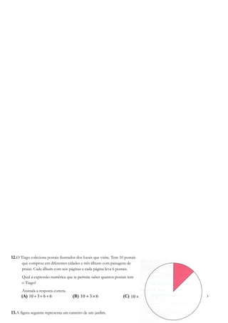 12.O Tiago coleciona postais ilustrados dos locais que visita. Tem 10 postais
que comprou em diferentes cidades e três álbuns com paisagens de
praias. Cada álbum com seis páginas e cada página leva 6 postais.
Qual a expressão numérica que te permite saber quantos postais tem
o Tiago?
Assinala a resposta correta.
(A) 66310 +++ (B) 6310 ×+ (C) 2
6310 ++ (D) ( ) 66310 ××+
13.A figura seguinte representa um canteiro de um jardim.
 